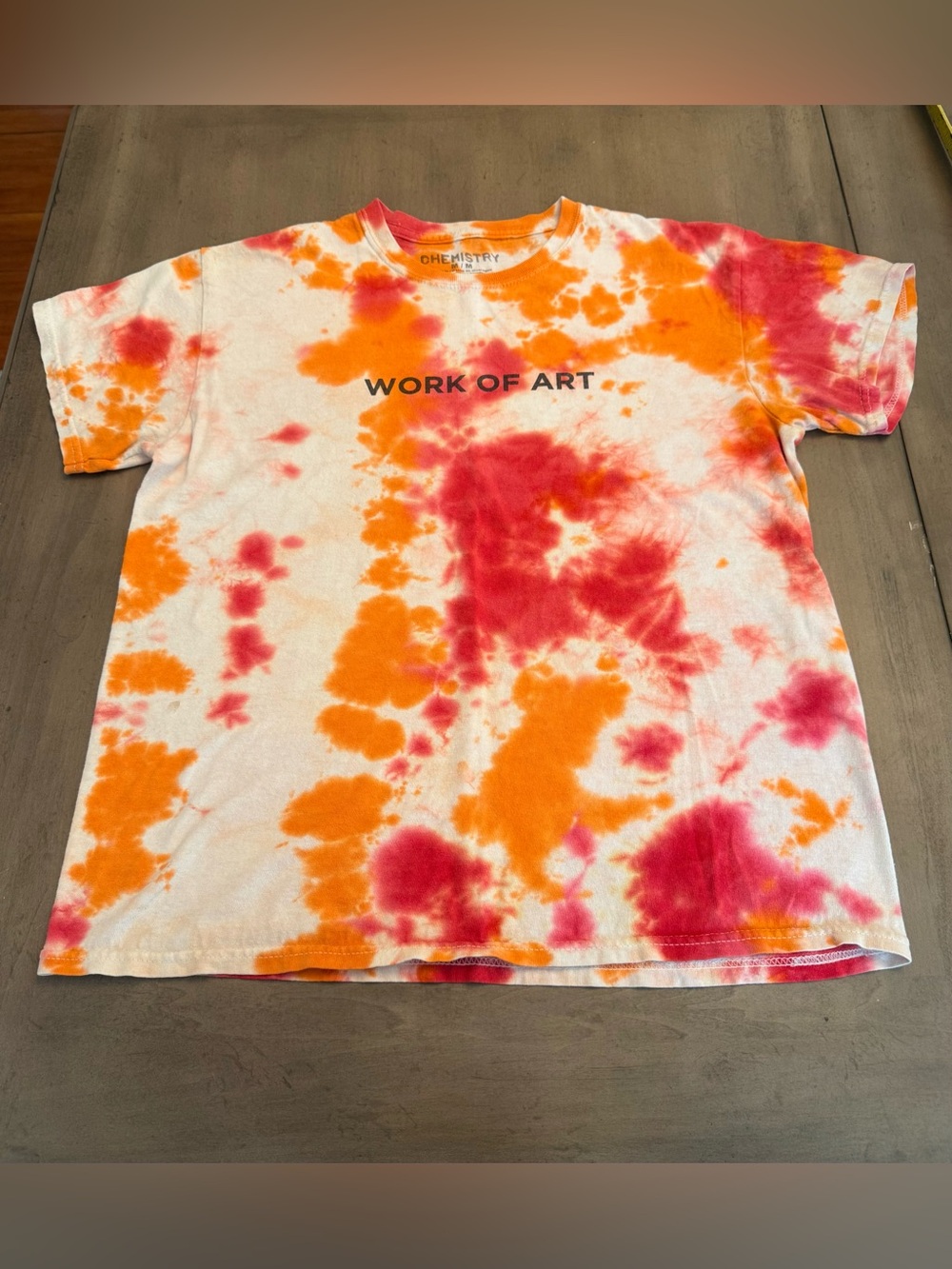 Chemistry Tie-Dye Tee in Orange & Red with WORK OF ART Text